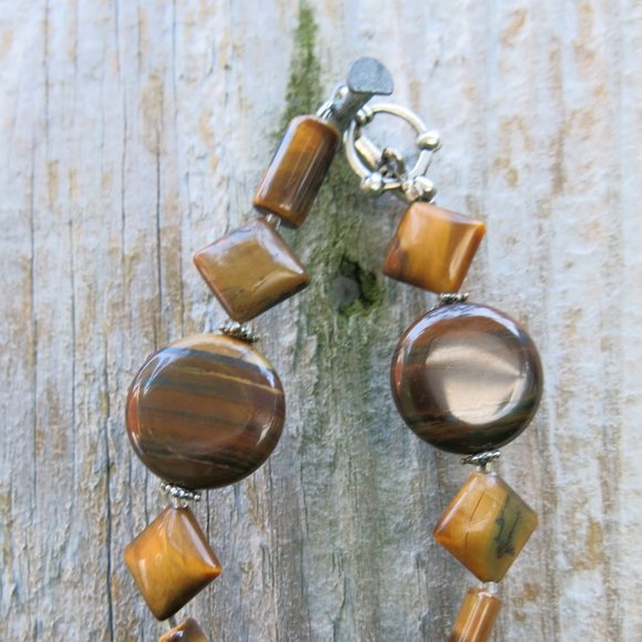 Natural Tiger's Eye Silver Bracelet, Geometric Natural Healing Stone Bracelet - Picture 2 of 6